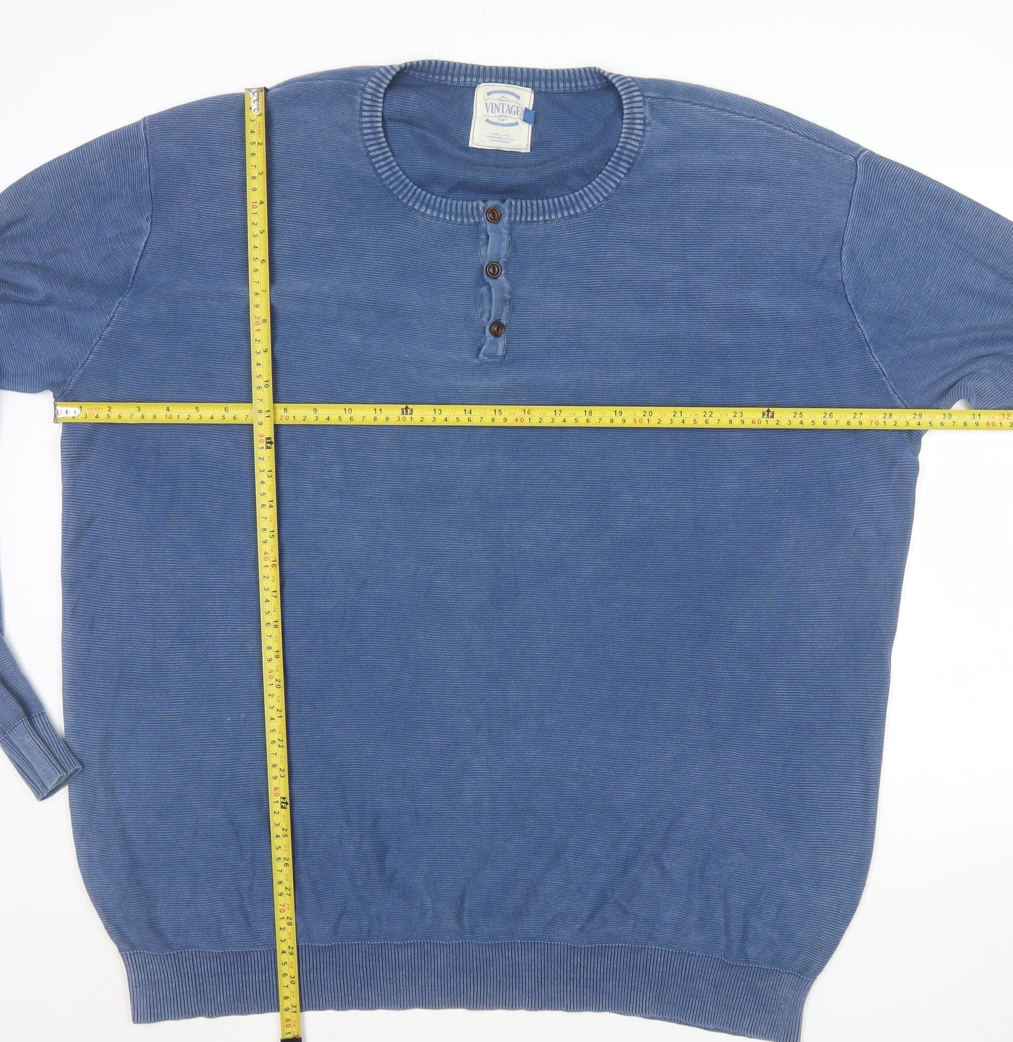 Vintage Men’s Blue 2XL Cotton Henley Jumper Long Sleeve Classic Fit