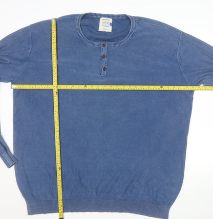 Vintage Men’s Blue 2XL Cotton Henley Jumper Long Sleeve Classic Fit