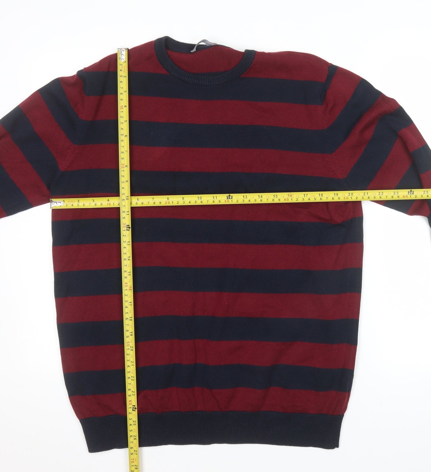 Calliope Man Mens Red Navy Striped Cotton Crew Neck Jumper XXL