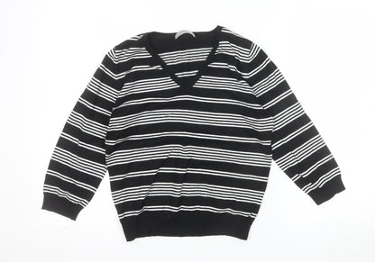 Marks and Spencer Womens Black White Striped V-Neck Knit Jumper UK 16
