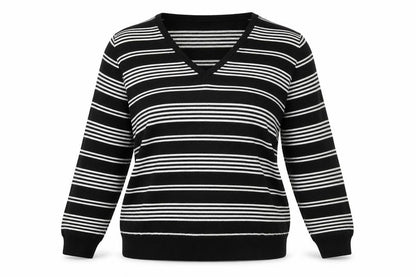 Marks & Spencer Womens Black White Striped V-Neck Knit Jumper UK 16