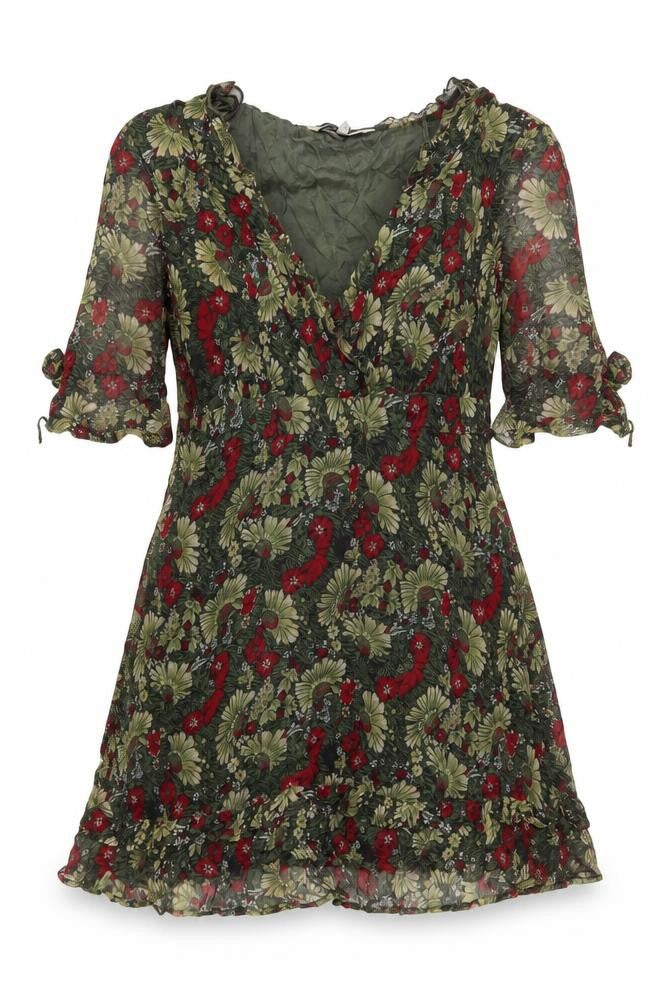 Rocha.John Rocha Women Green Floral Ruffle V-Neck Wrap Blouse Size 12