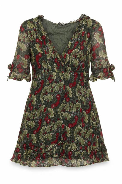 Rocha.John Rocha Women Green Floral Ruffle V-Neck Wrap Blouse Size 12