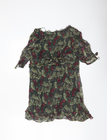 Rocha.John Rocha Women Green Floral Ruffle V-Neck Wrap Blouse Size 12