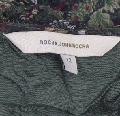 Rocha.John Rocha Women Green Floral Ruffle V-Neck Wrap Blouse Size 12