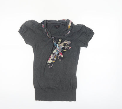 Ted Baker Women's Grey Short Sleeve Bow Neck Cotton Silk Jumper Size 6