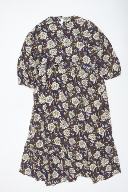 Primark Women's Blue Floral Midi A-Line Dress Size 16