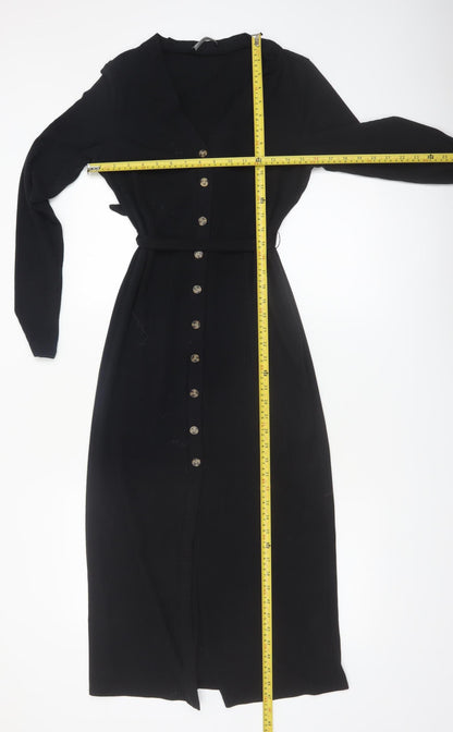 George Women Black Midi Belted Button Down Shirt Dress Size 10