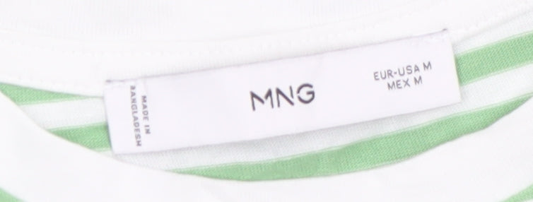 MNG Women's Green White Striped Cotton T-Shirt Size 12
