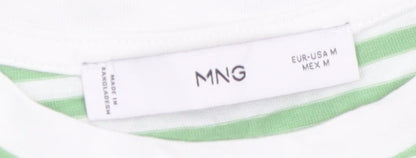 MNG Women's Green White Striped Cotton T-Shirt Size 12