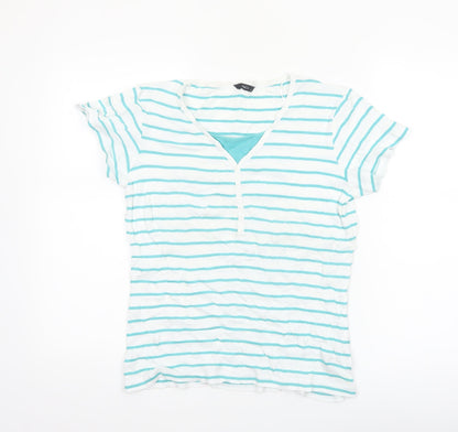 M&Co Womens White Striped V-Neck Cotton Short Sleeve T-Shirt Size 14