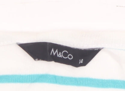 M&Co Womens White Striped V-Neck Cotton Short Sleeve T-Shirt Size 14