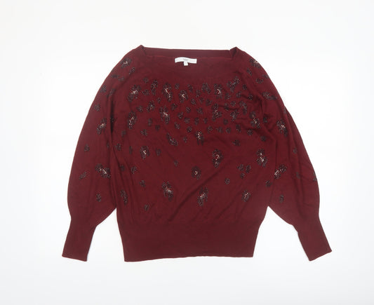 NEXT Women’s Red Beaded Animal Print Boat Neck Jumper Size S