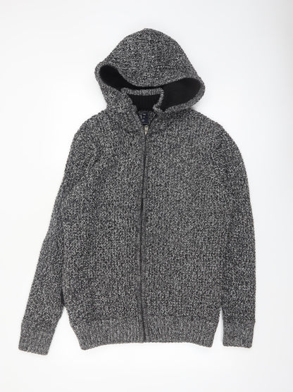 Kensington Eastside Men's Grey Chunky-Knit Full Zip Hooded Jumper L