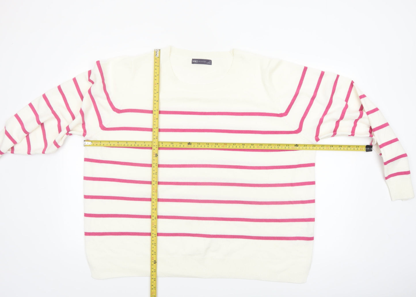 Marks and Spencer Women Ivory Pink Striped Crew Neck Jumper Size 24