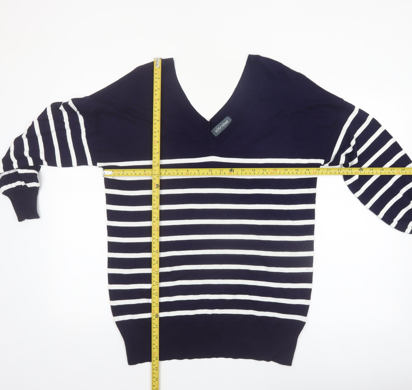 Sosandar Women’s Blue White Striped V-Neck Knit Jumper Size S
