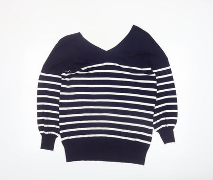 Sosandar Women’s Blue White Striped V-Neck Knit Jumper Size S