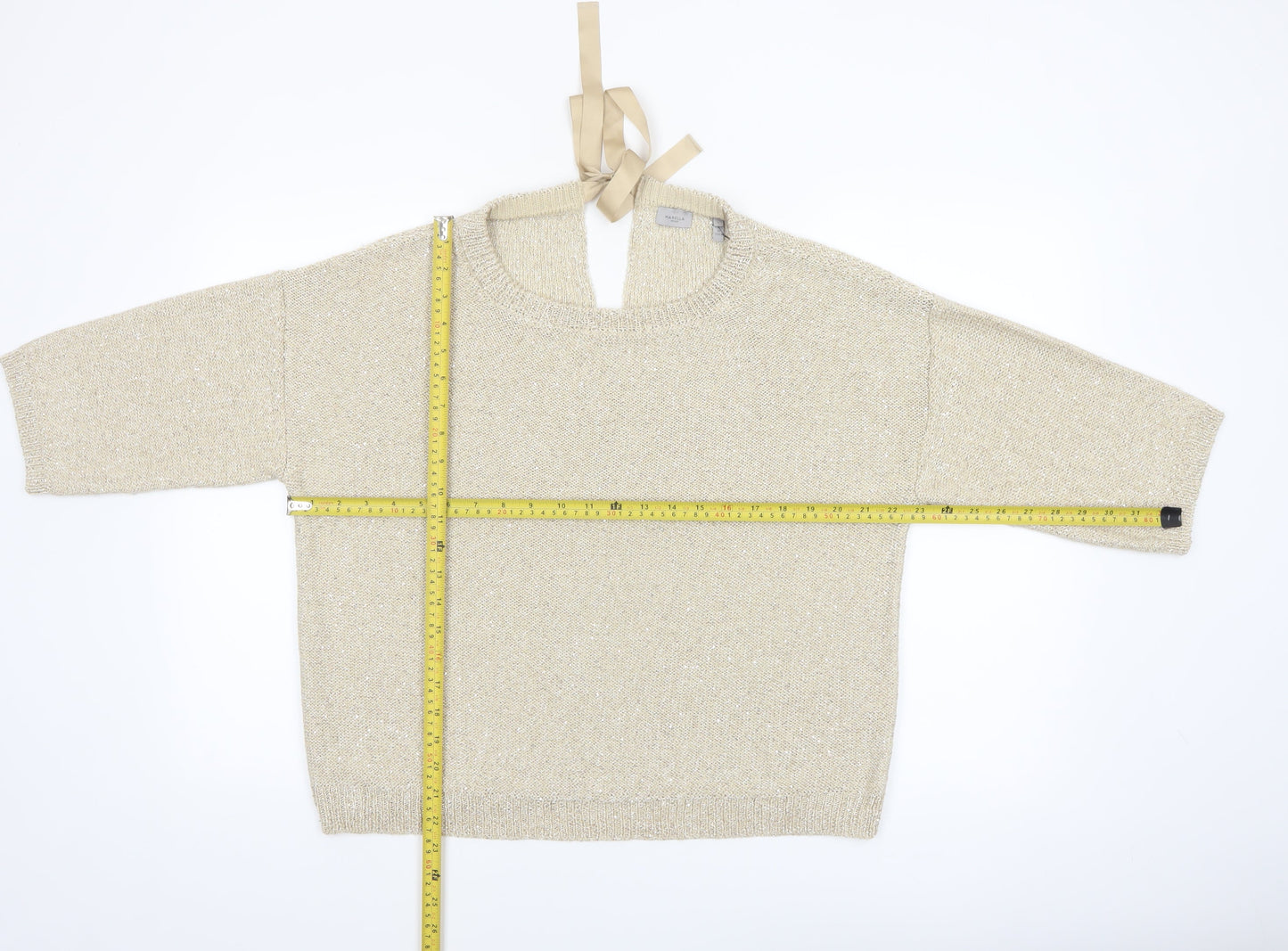 Marella Sport Women’s Beige Sequin Knit 3/4 Sleeve Pullover Jumper L