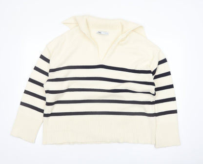 Zara Womens Ivory Striped Collared Knit Jumper Size 14