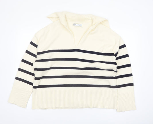 Zara Womens Ivory Striped Collared Knit Jumper Size 14