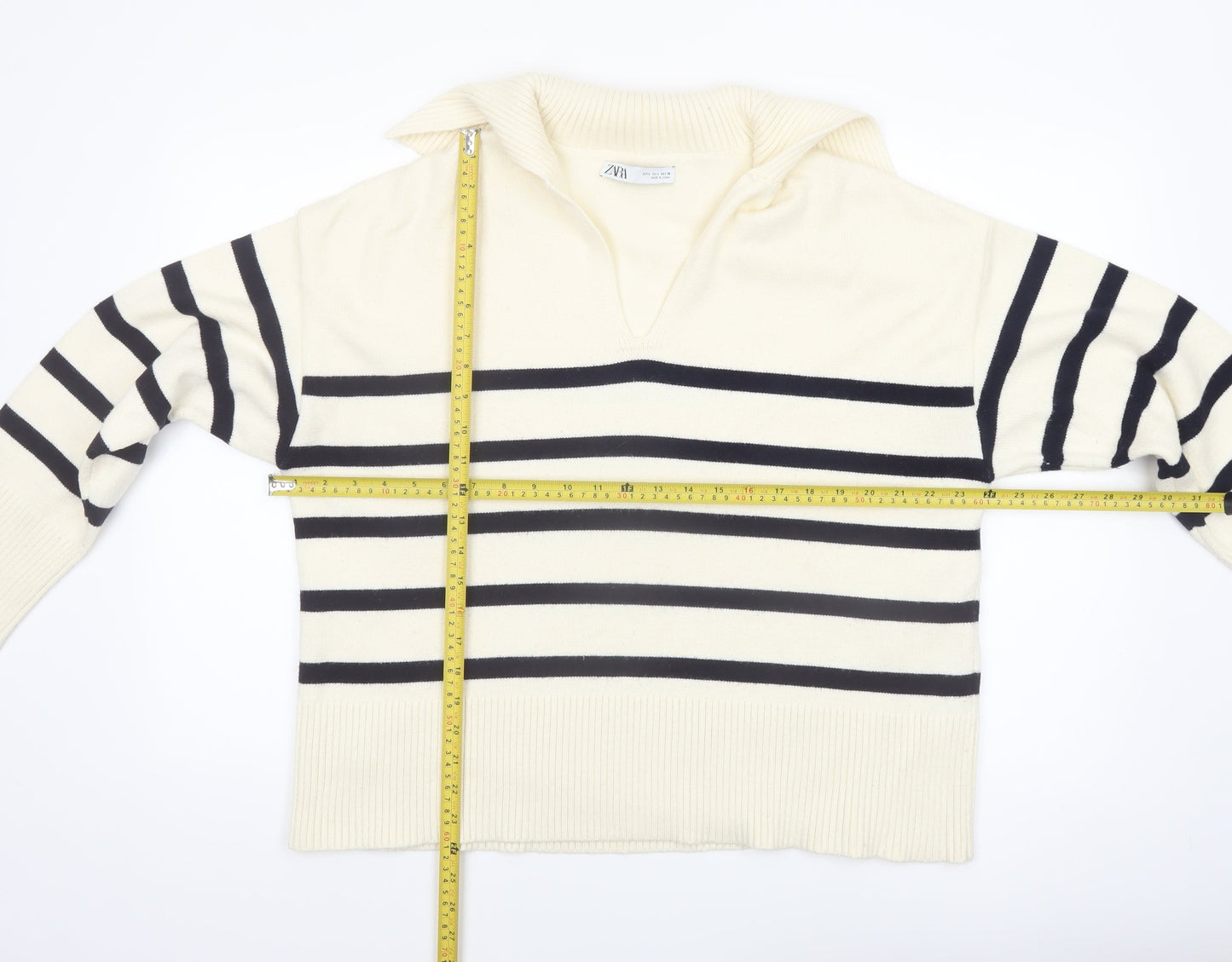 Zara Womens Ivory Striped Collared Knit Jumper Size 14