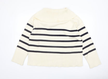 Zara Womens Ivory Striped Collared Knit Jumper Size 14