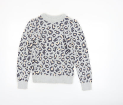 Angel & Rocket Girls Grey Leopard Print Fluffy Pullover Jumper 9-10 Years