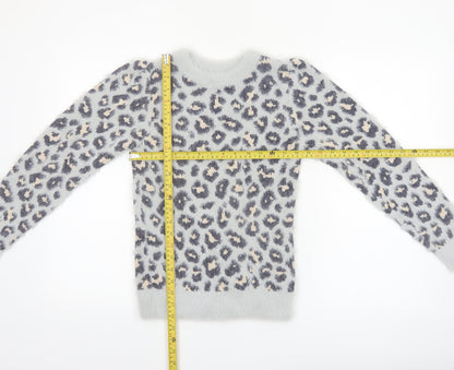 Angel & Rocket Girls Grey Leopard Print Fluffy Pullover Jumper 9-10 Years
