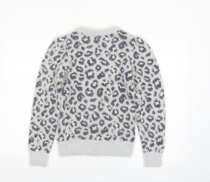 Angel & Rocket Girls Grey Leopard Print Fluffy Pullover Jumper 9-10 Years