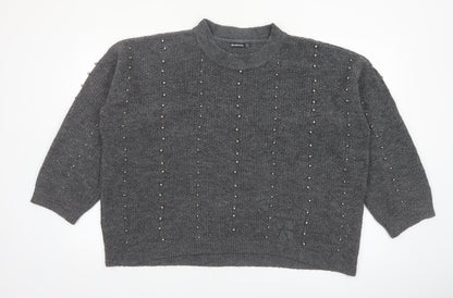 Stradivarius Women Grey Beaded Mock Neck Knit Jumper Size 14