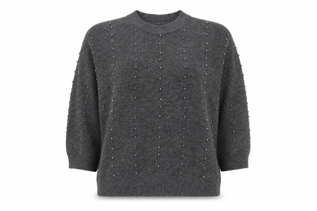 Stradivarius Women Grey Beaded Mock Neck Knit Jumper Size 14