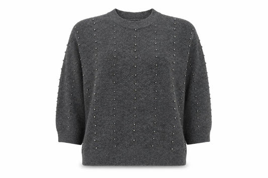 Stradivarius Women Grey Beaded Mock Neck Knit Jumper Size 14