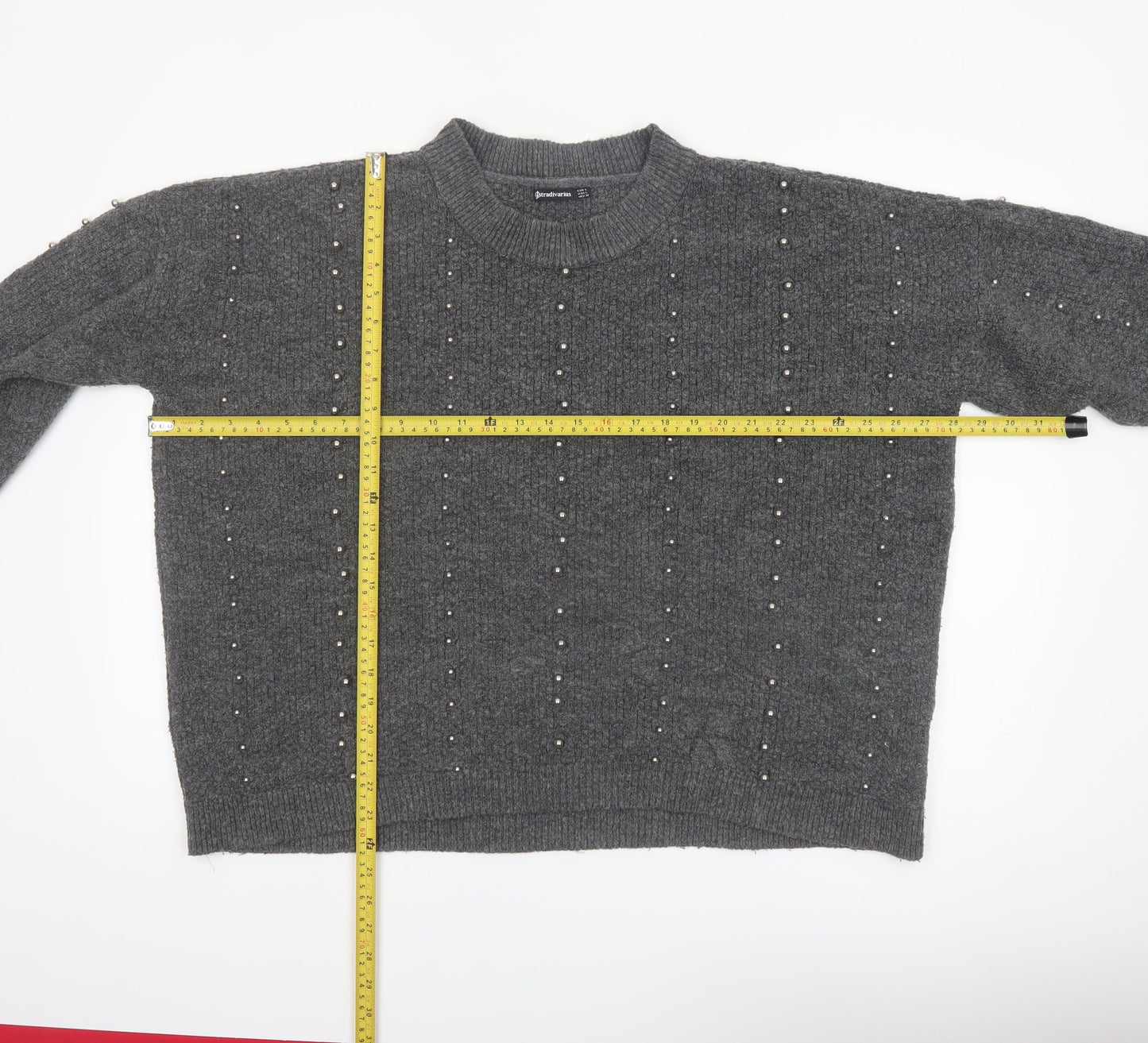 Stradivarius Women Grey Beaded Mock Neck Knit Jumper Size 14