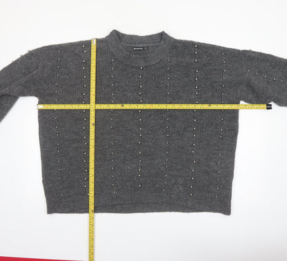 Stradivarius Women Grey Beaded Mock Neck Knit Jumper Size 14
