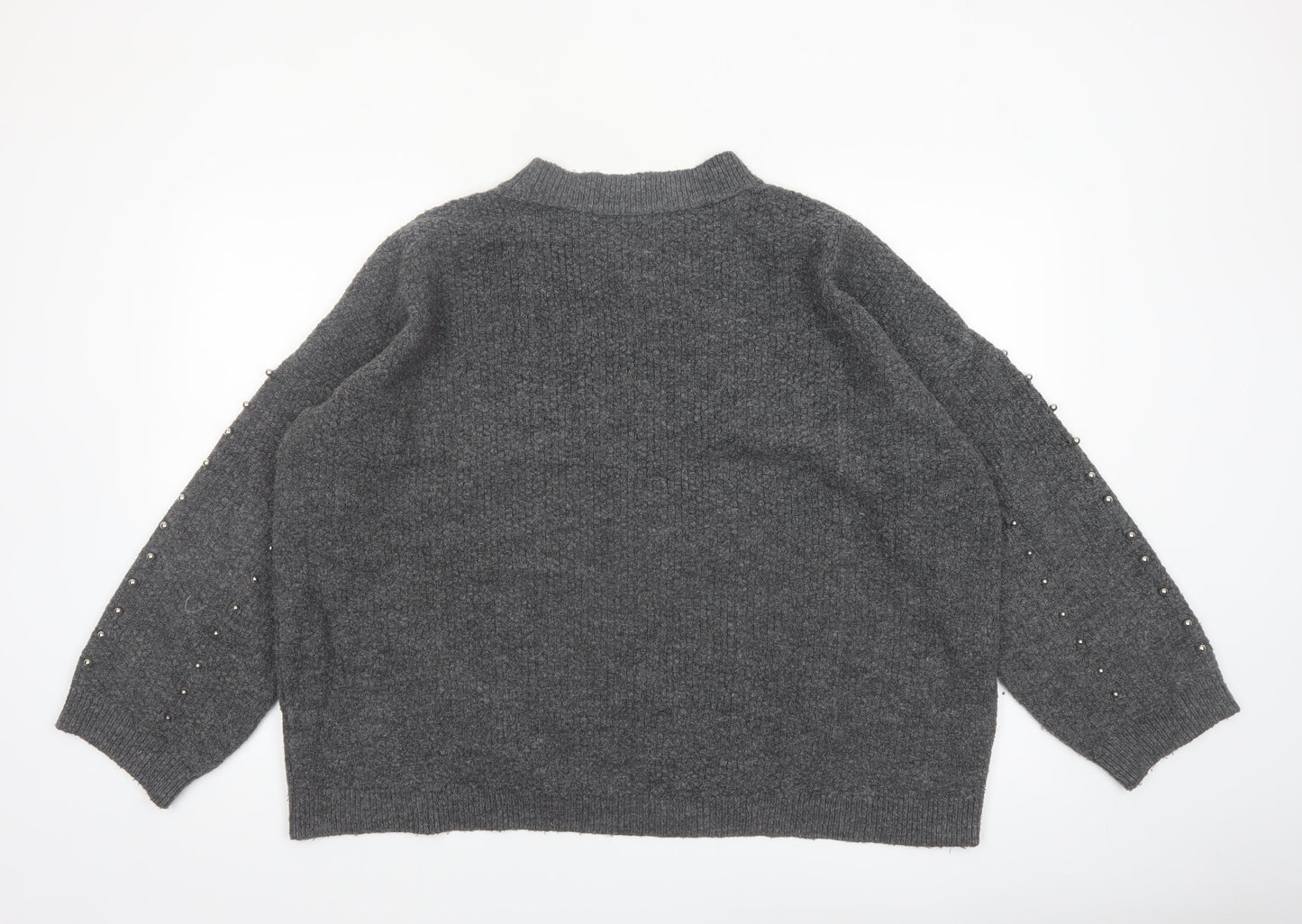 Stradivarius Women Grey Beaded Mock Neck Knit Jumper Size 14