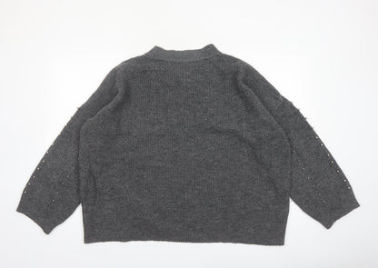 Stradivarius Women Grey Beaded Mock Neck Knit Jumper Size 14