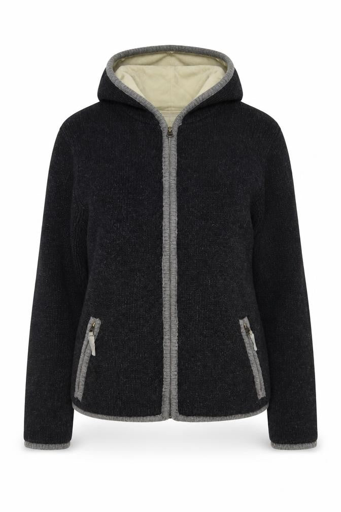 IrelandsEye Womens Black Wool Hooded Full Zip Jumper M