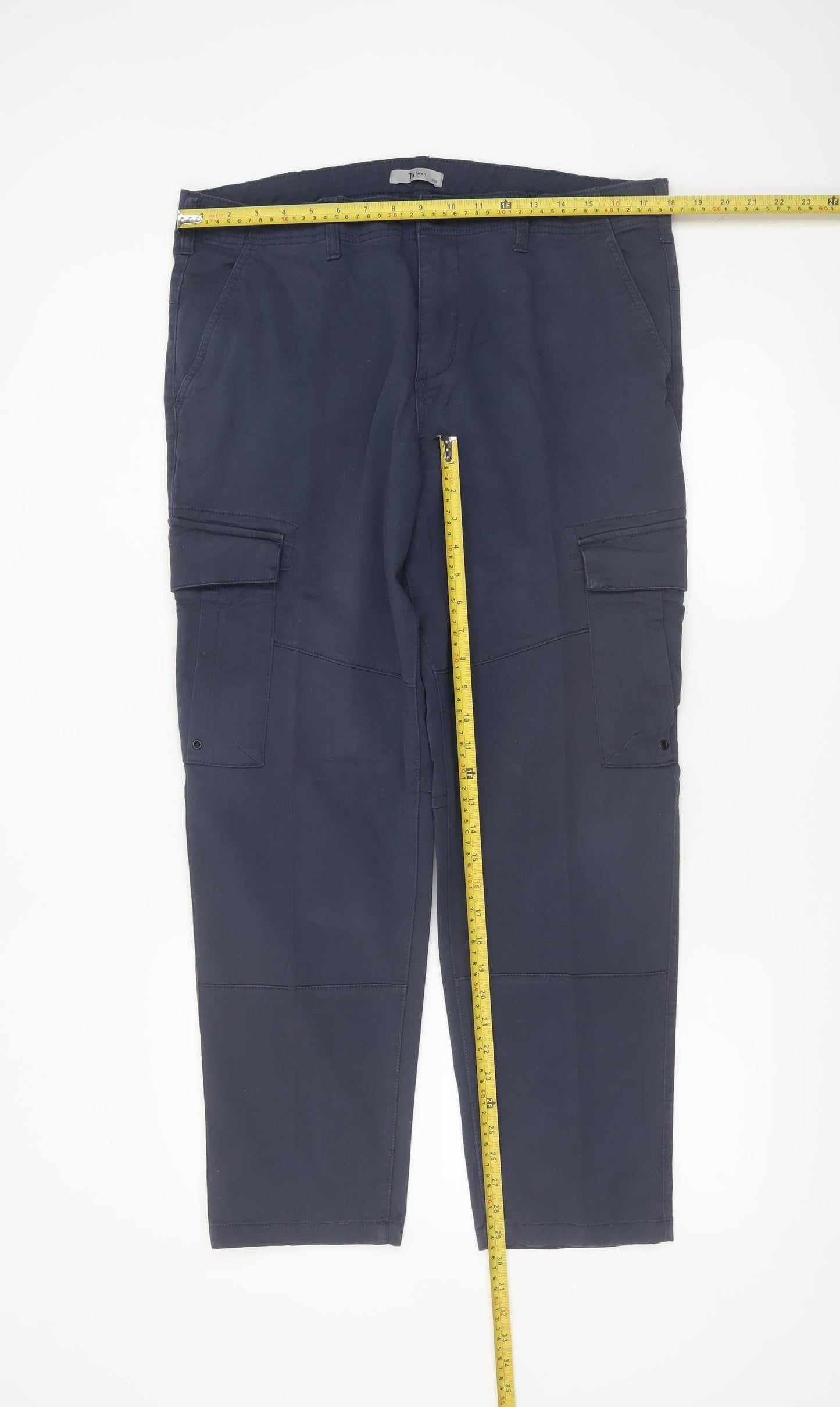 Tu Men's Navy Cargo Trousers Size 36S Cotton Blend Casual Workwear