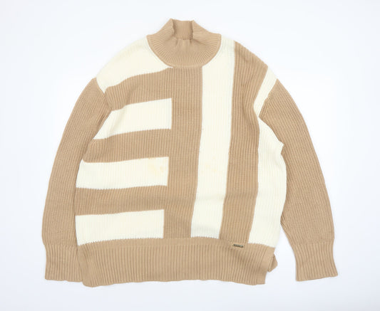 U.S. Polo Assn. Women's Beige 2XL Chunky Knit Roll Neck Cotton Jumper