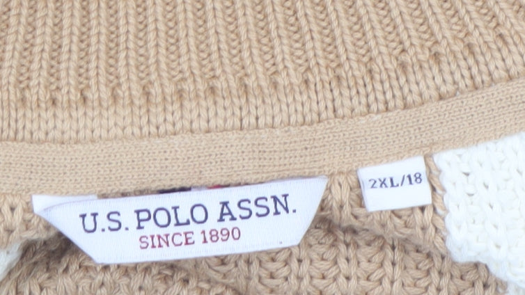 U.S. Polo Assn. Women's Beige 2XL Chunky Knit Roll Neck Cotton Jumper