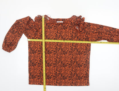 Tu Womens Orange Floral Long Sleeve Ruffle Tunic Blouse Size 12