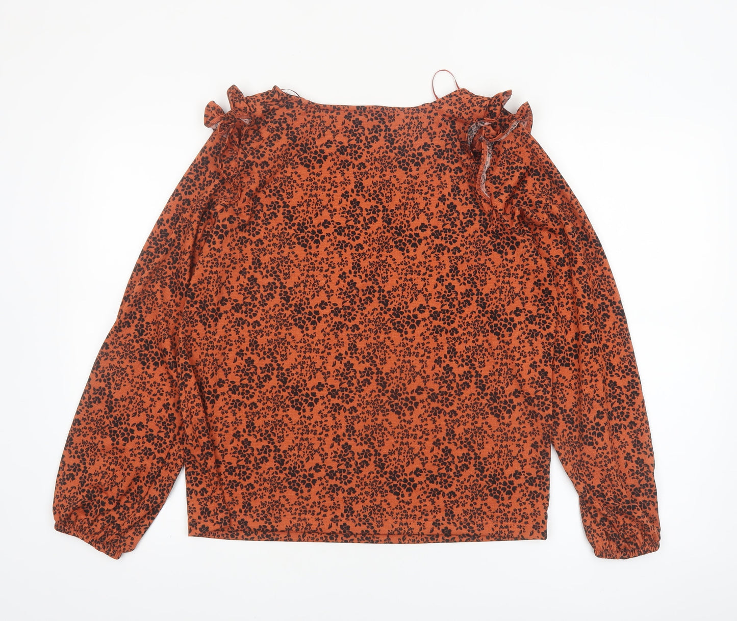Tu Womens Orange Floral Long Sleeve Ruffle Tunic Blouse Size 12