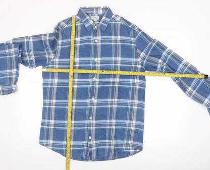 Next Men's Blue Checked Cotton Long Sleeve Button-Up Shirt Medium