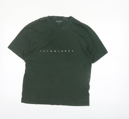 Jack & Jones Men's Green Small Crew Neck Cotton Graphic T-Shirt