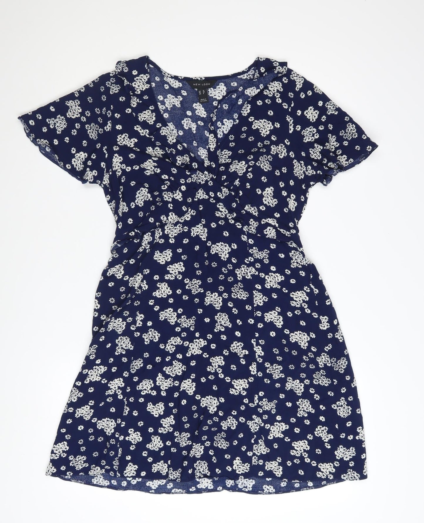 New Look Women's Blue Floral A-Line Short Sleeve V-Neck Dress Size 10