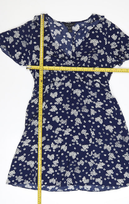 New Look Women's Blue Floral A-Line Short Sleeve V-Neck Dress Size 10