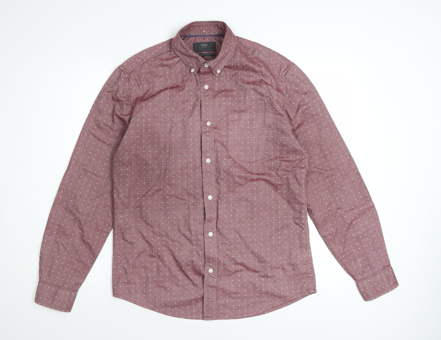 Marks and Spencer Men's Red Geometric Cotton Long Sleeve Shirt Size S