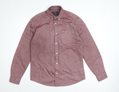 Marks and Spencer Men's Red Geometric Cotton Long Sleeve Shirt Size S