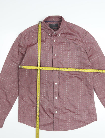 Marks and Spencer Men's Red Geometric Cotton Long Sleeve Shirt Size S