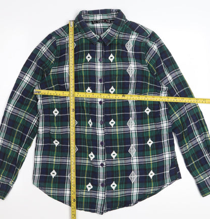F&F Women Green Plaid Cotton Long Sleeve Button-Up Shirt Size 14
